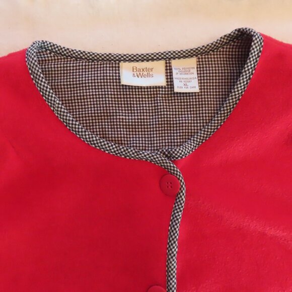 Vintage Christmas Red Fleece Sweater Cardigan Baxter Wells Cat Mistletoe XL - Picture 6 of 12